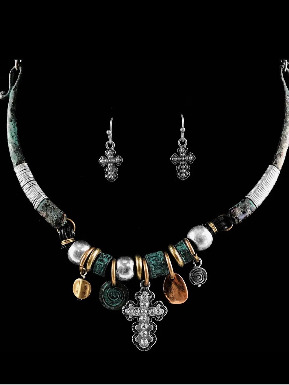 Boho Cross Pendant Necklace and Earring Set - Mixed Metal Green